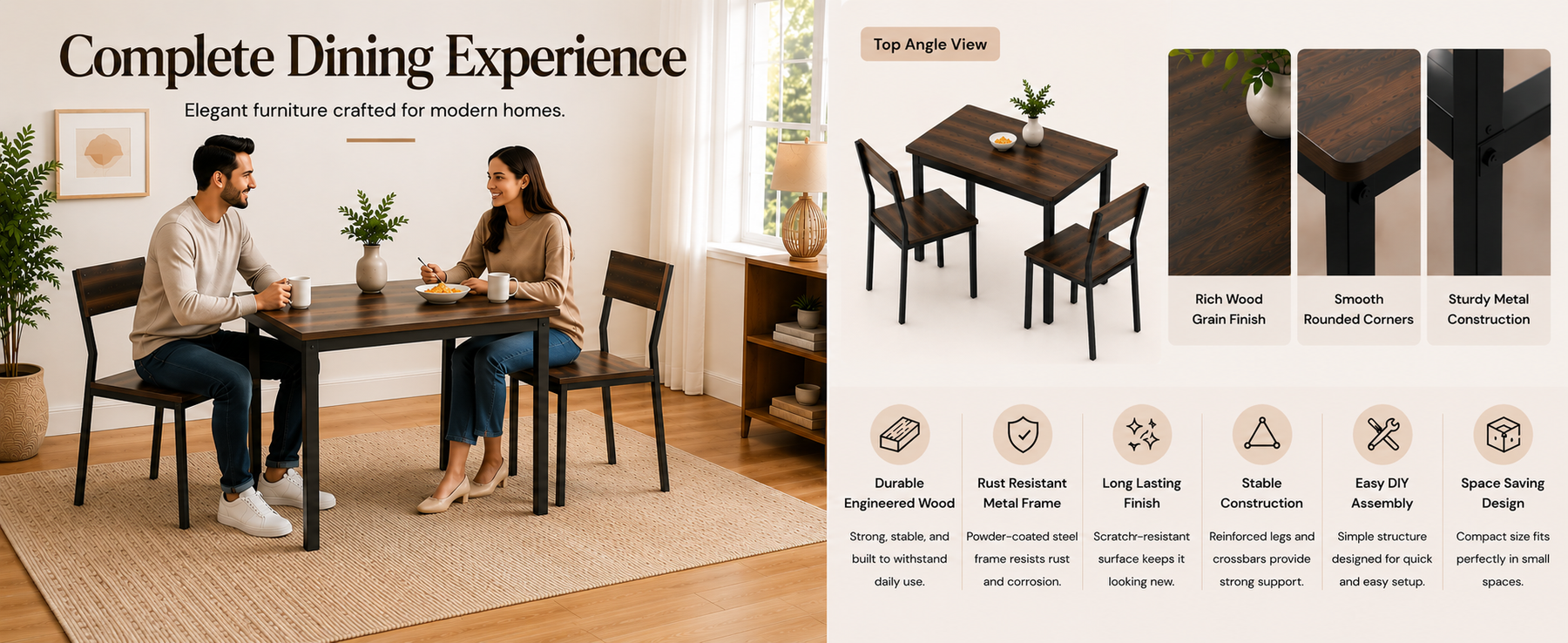 2-Seater Square Dining Table Set with Chairs – Finish Compact Dining Set