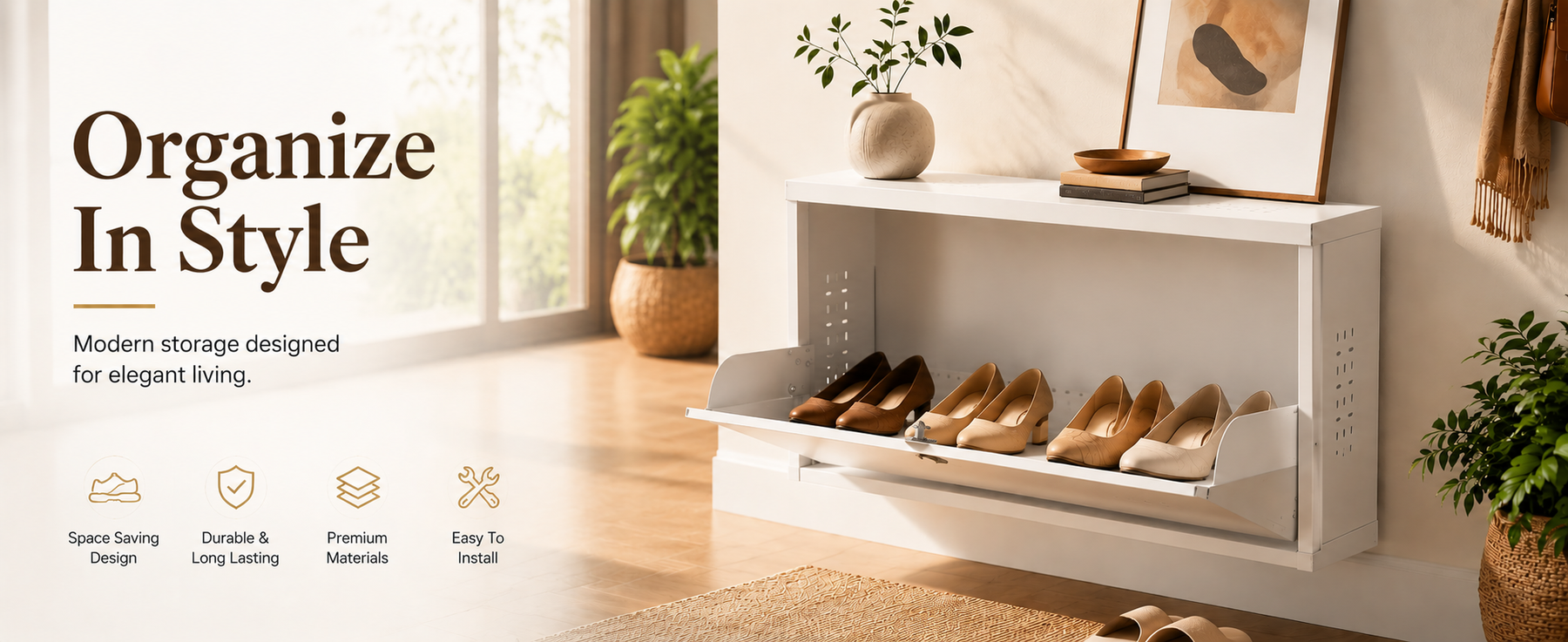 Wall-Mounted Shoe Rack with Storage Ledge – Compact Shoe Organizer