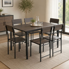 Modern Industrial 6-Seater Dining Table Set with Teak Finish Wood & Metal Frame