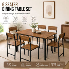 Modern Industrial 6-Seater Dining Table Set with Teak Finish Wood & Metal Frame