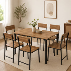Modern Industrial 6-Seater Dining Table Set with Teak Finish Wood & Metal Frame