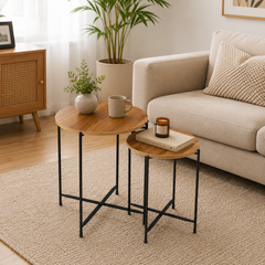 Set of 2 Round Nesting Tables – Finish Coffee & Side Tables with Metal Frame